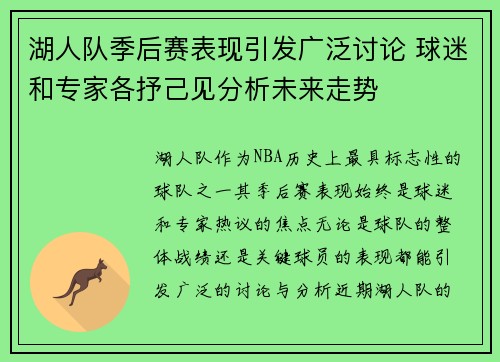 湖人队季后赛表现引发广泛讨论 球迷和专家各抒己见分析未来走势