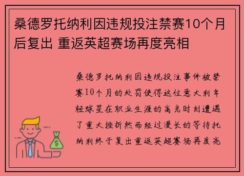 桑德罗托纳利因违规投注禁赛10个月后复出 重返英超赛场再度亮相